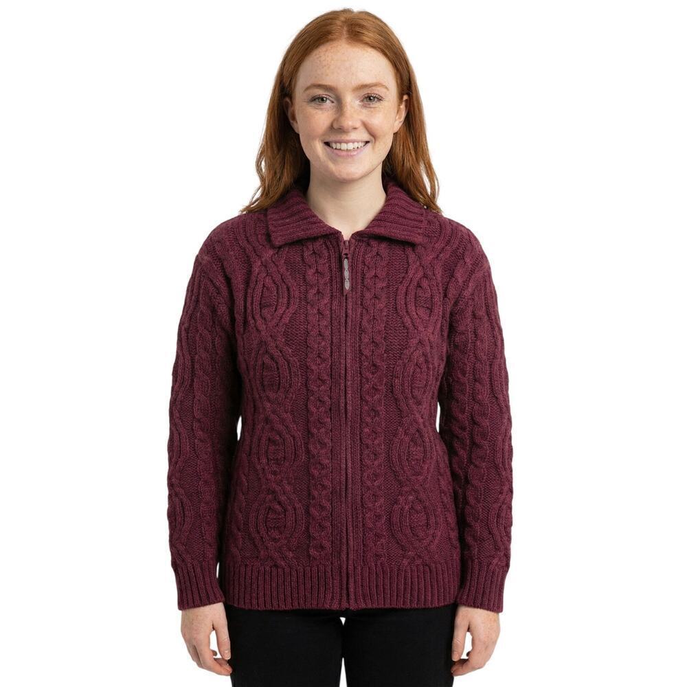 Aran Crafts Ireland Merino Wool Cable Knit Zip Sweater Jacket Plum XS NWOT